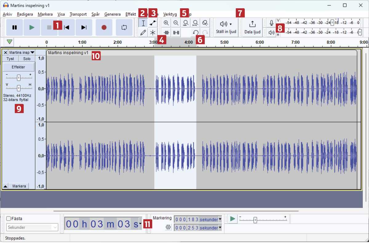 alt text: Audacity interface screenshot showing waveforms, tools, and menus.