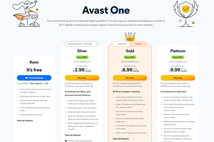 alt: Avast One subscription plans offer various levels of protection.