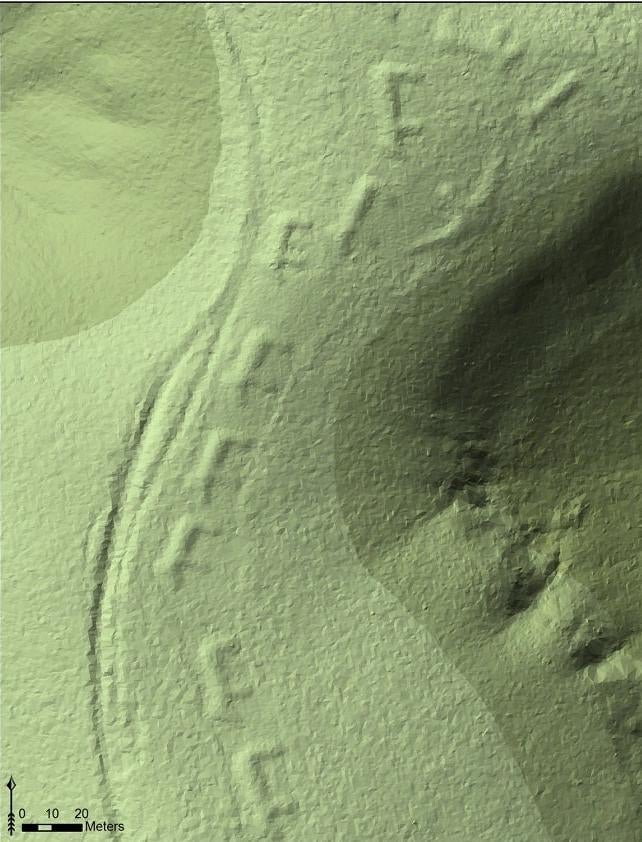 A lidar image of the Marching Bears Mounds group, effigy mounds in Iowa.