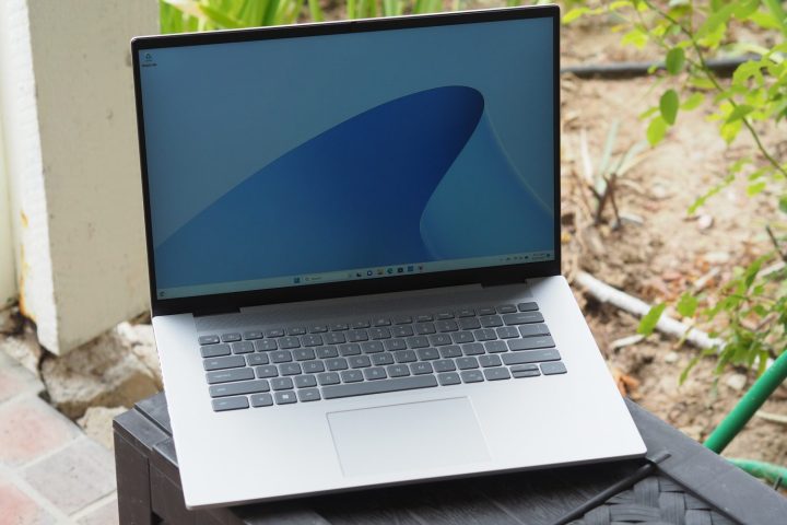 alt text: The Dell Inspiron 16 Plus, shown at an angle, reveals its display and keyboard.