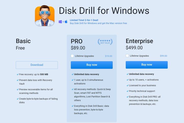 Disk Drill Pro's user interface showing connected storage devices.