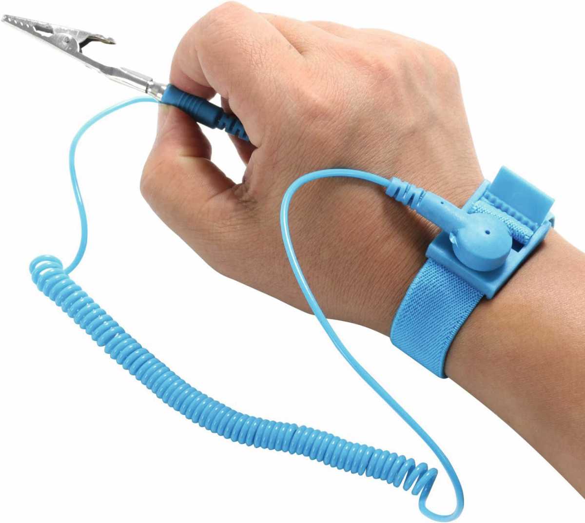 alt text: An anti-static wrist strap connected to a grounded surface. Component manufacturers often recommend using an anti-static wrist strap to protect sensitive components from electrostatic discharge.