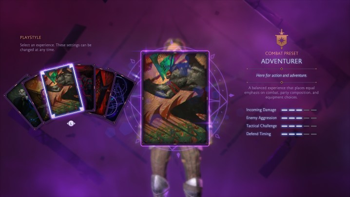 A purple menu screen that says Combat Preset: Adventurer. A balanced experience that places equal emphasis on combat, party composition, and equipment choices.