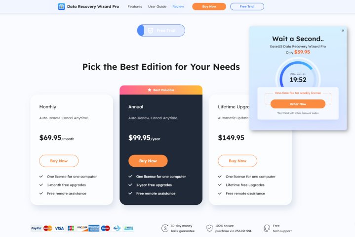 EaseUS Data Recovery Wizard Pro offers various subscription plans.