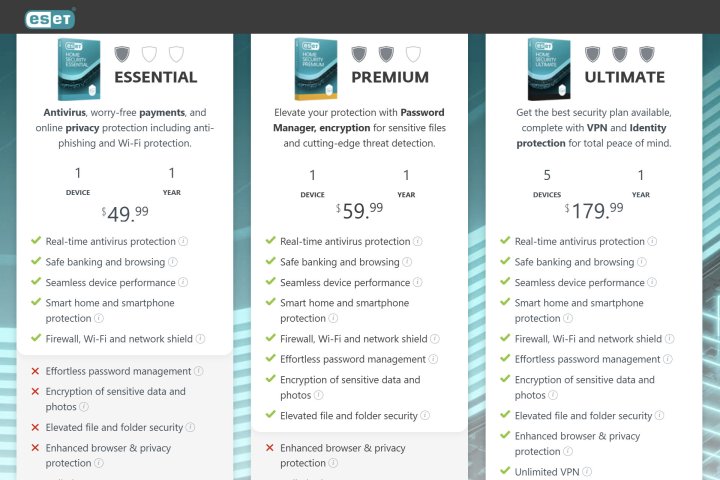 ESET offers three security subscription tiers, each with options to add more devices and extend the period.