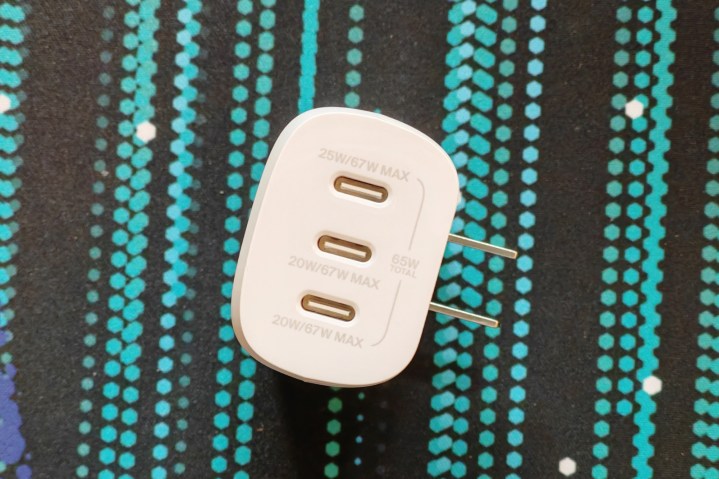 A top-down view of three USB-C ports on a Belkin charger.