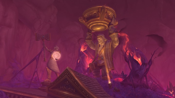 A golden statue of a man holding a big bowl on top of a roof. The world around him is pink and purple.