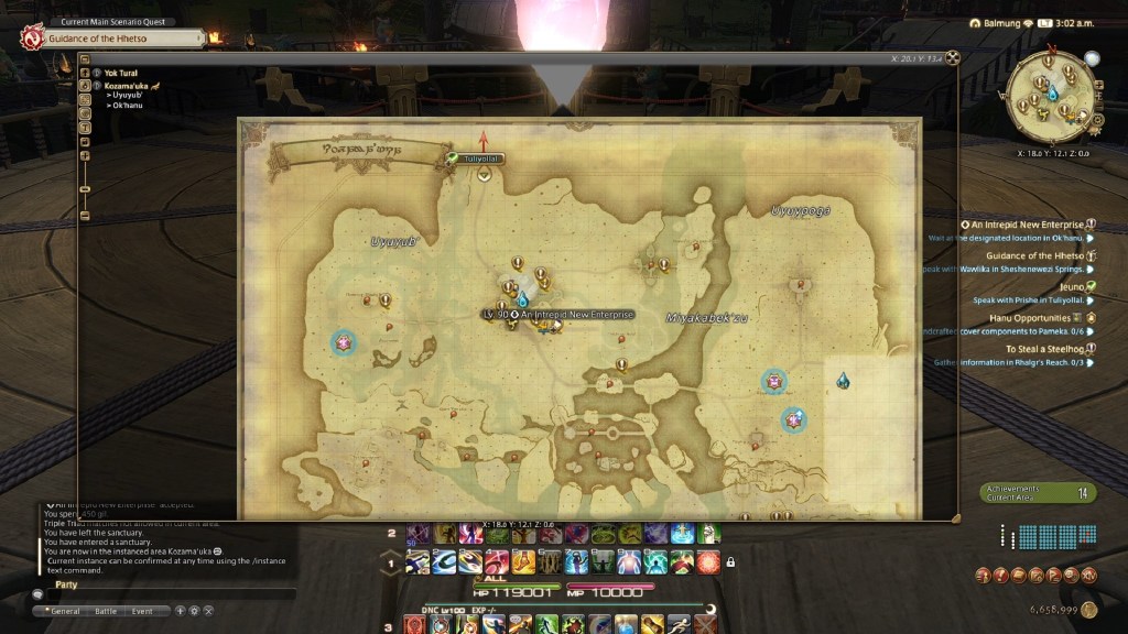 Alt text: Map of Kozama’uka with quest marker indicating the location to begin the Pelupelu Allied Society questline.