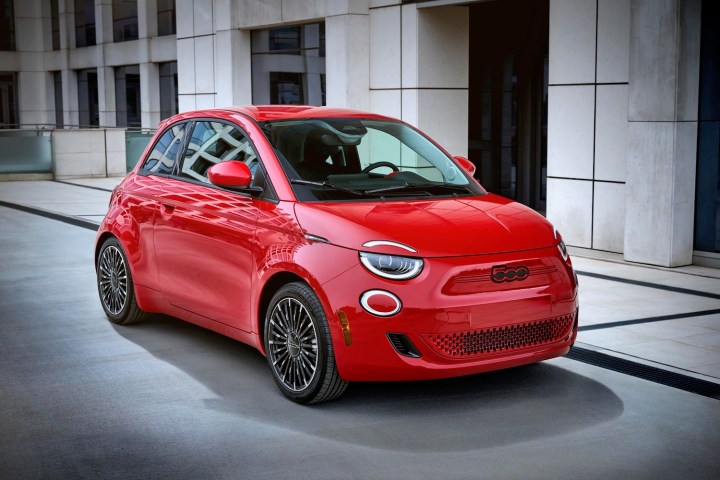 Alt text: A front three-quarter view of the 2024 Fiat 500e, showcasing its compact and modern design.