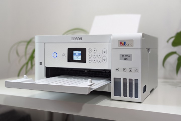 The Epson EcoTank ET-2850 boasts a compact design with visible ink reservoirs.