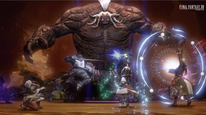 alt text: A screenshot from Final Fantasy 14 showing a party of adventurers battling a large monster.