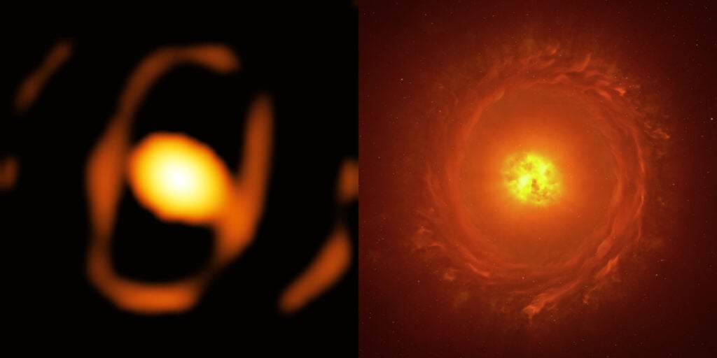 Left: An image of WOH G64 Right: An illustration of the star and its surrounding cocoon-like material.