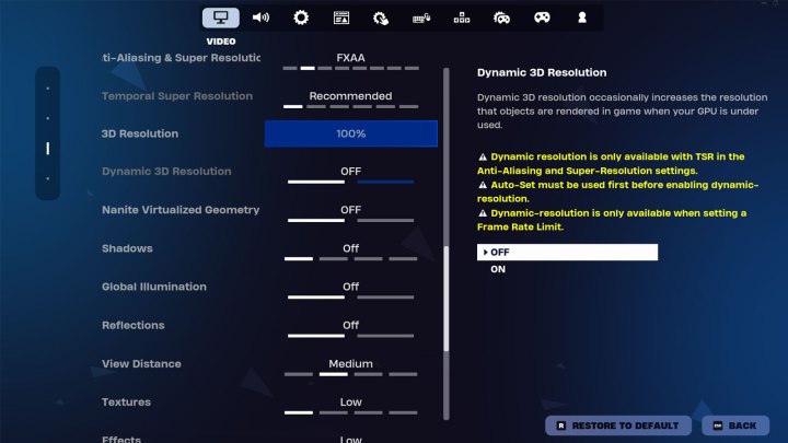 Alt: Optimized Fortnite settings menu for competitive play.