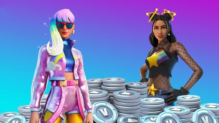 Fortnite characters surrounded by V-Bucks.