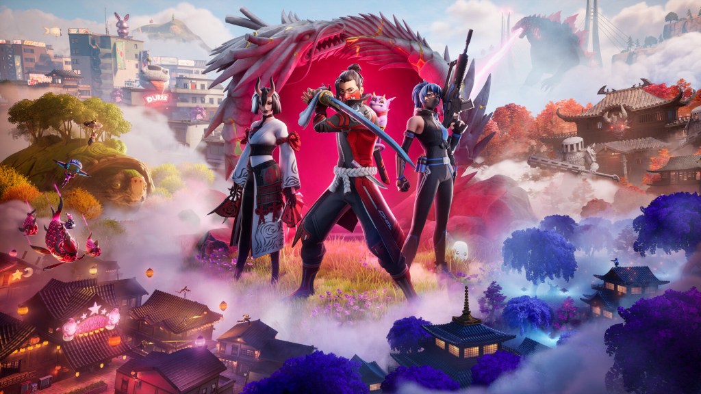 alt text: A promotional image for Fortnite featuring colorful characters and dynamic gameplay.