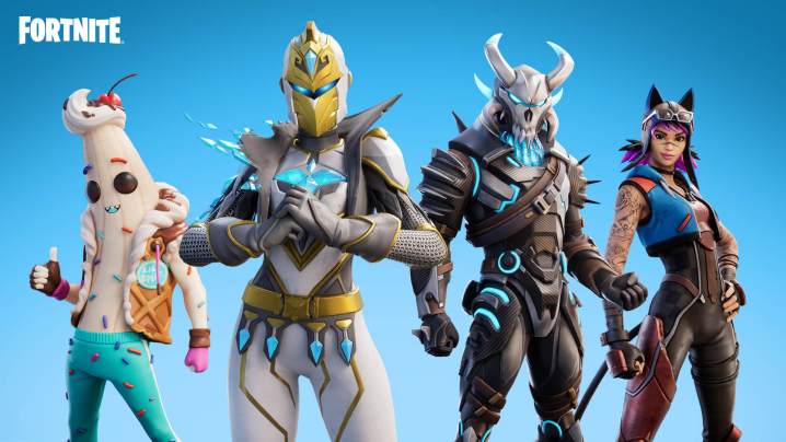 Four Fortnite characters standing side by side in the original Fortnite OG season.