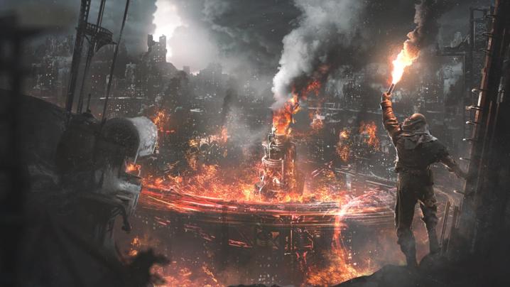 A man holds a fiery stick in Frostpunk 2.