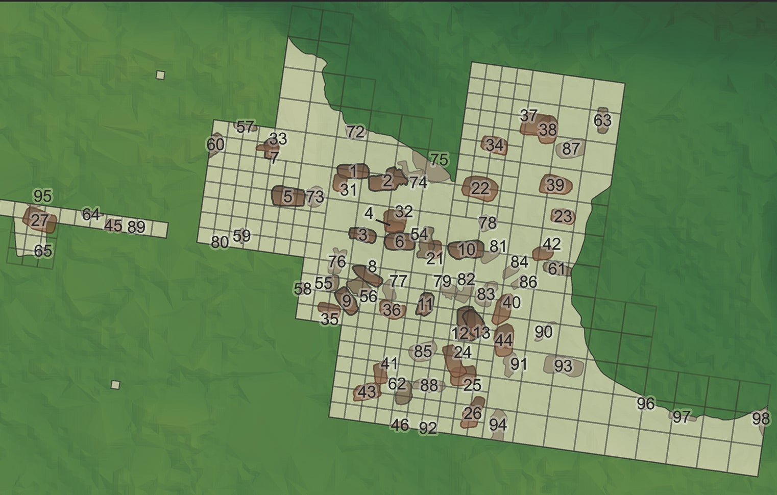 A graphic showing some of the pits, rasterized based on their resemblance to burials.