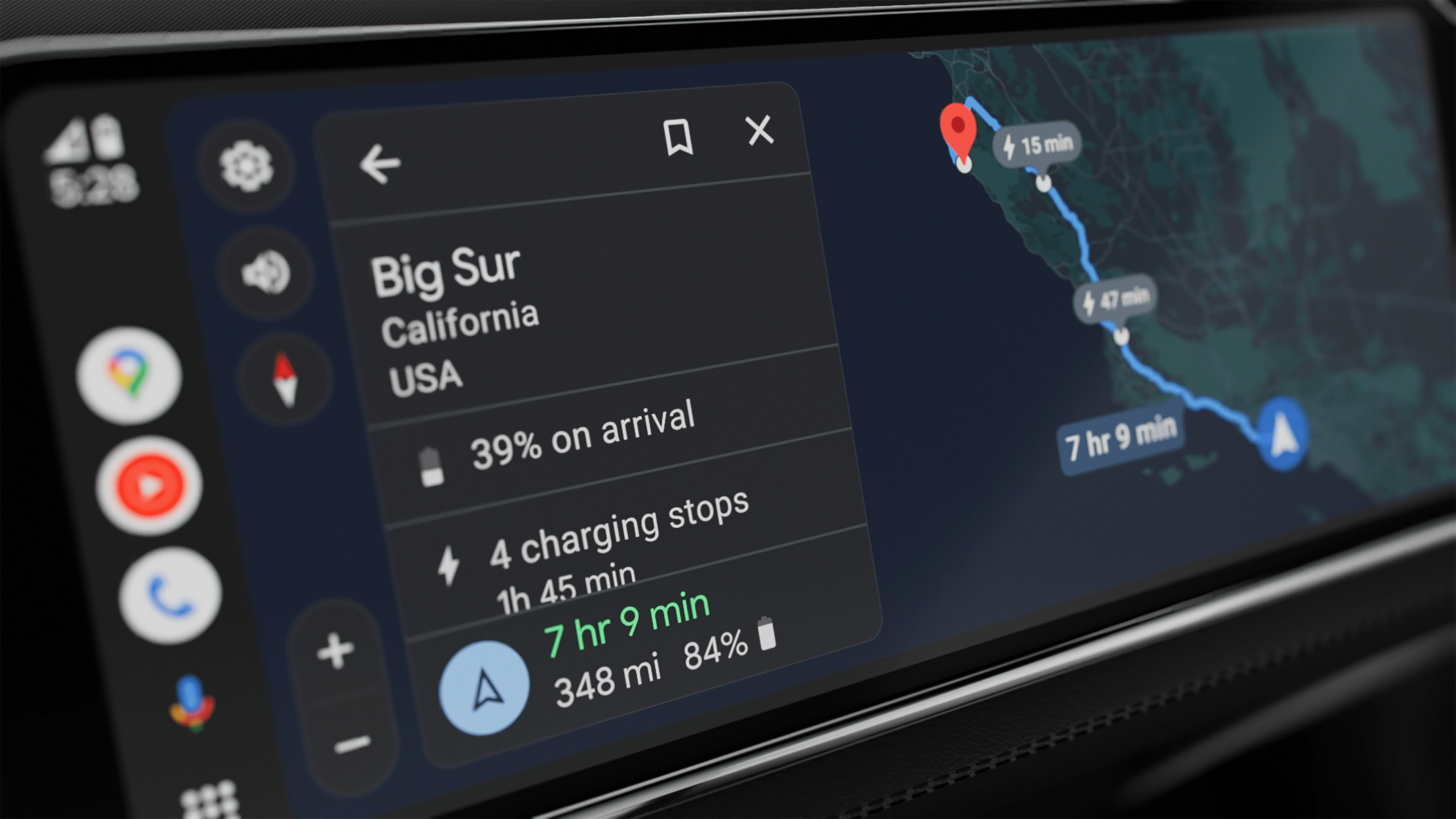 Android Auto interface showing EV charging times.