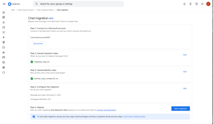 A screenshot of the new migration settings in Google Chat.