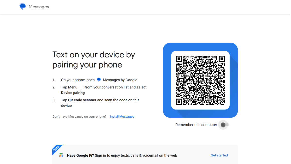 alt text: A screenshot of the Google Messages for Web pairing page, displaying a QR code for linking a mobile device.