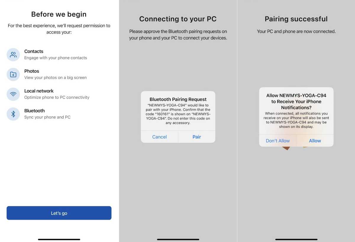 Screenshots of the pairing process with Intel