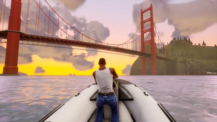 Carl Johnson piloting a boat in the water under the golden gate bridge in San Andreas.