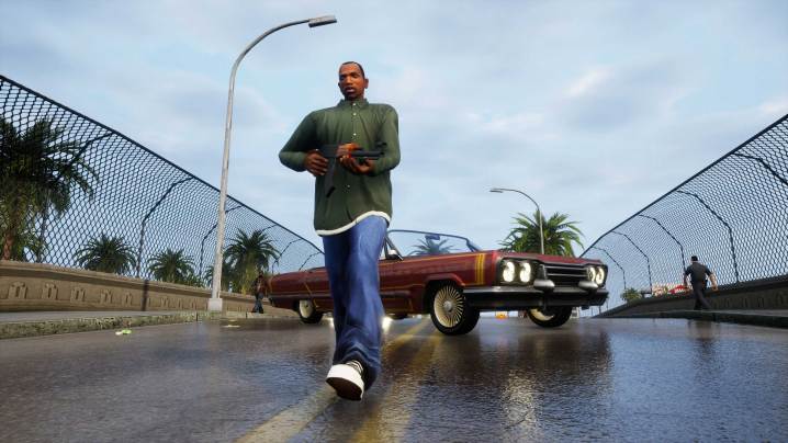 A screenshot from Grand Theft Auto: The Trilogy showing character models, vehicles, and updated visuals