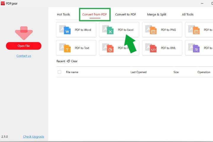 Navigating to the PDF to Excel converter on PDFgear.