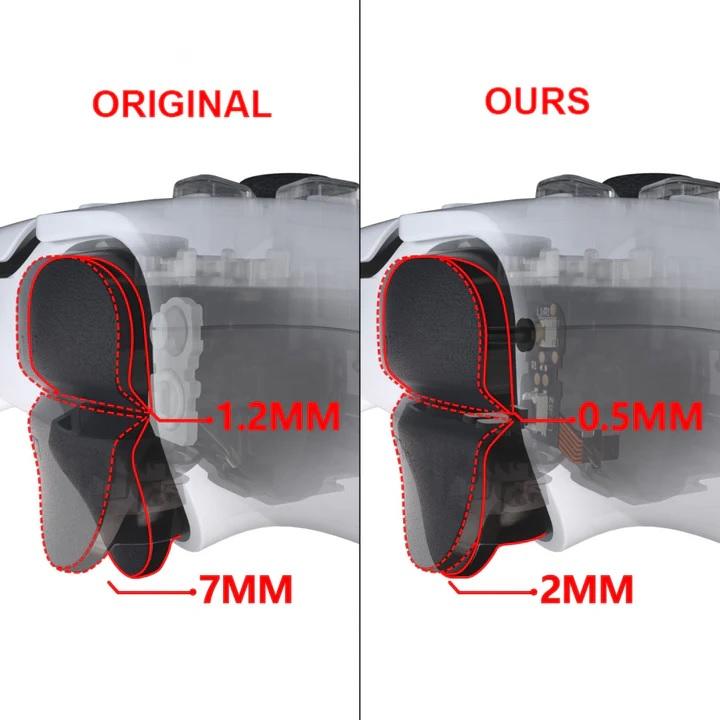 alt: Close-up of the HexGaming Rival Pro controller's triggers, showcasing the shorter travel distance compared to a standard DualSense controller.