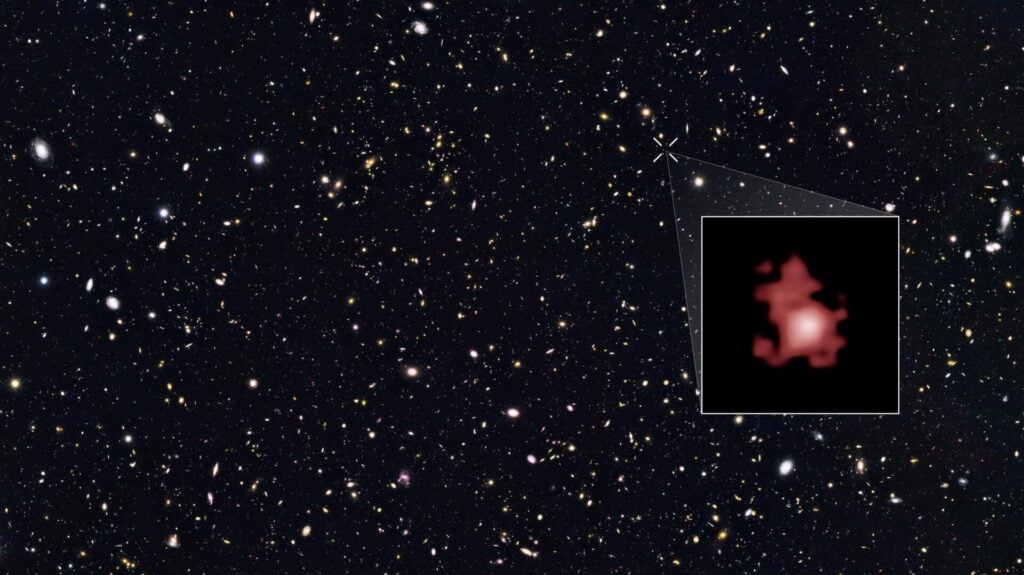 An image of the distant galaxy GN-z11 captured by the Hubble Space Telescope.