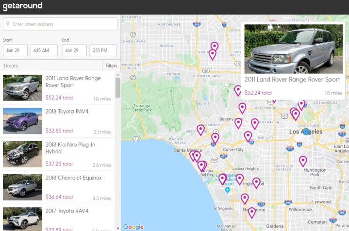 alt text: Screenshot of the Getaround app showing car listings