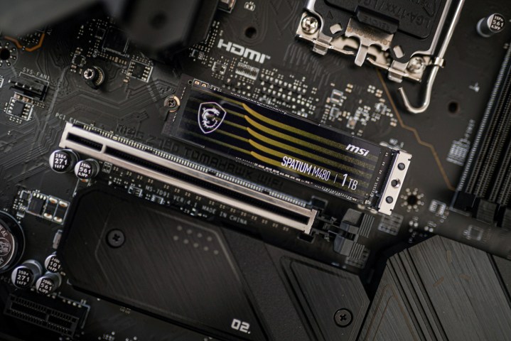 alt=An SSD installed on a PC motherboard