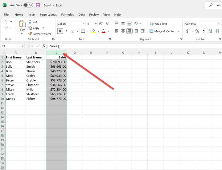 alt text: Selecting an entire column in Microsoft Excel.