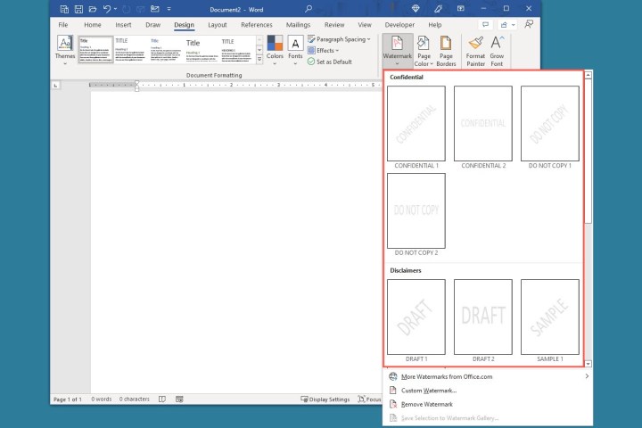 Watermark drop-down menu in Word.