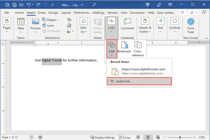 Links drop-down menu with Insert Link in Word.