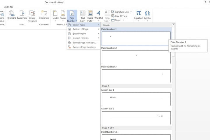 The Page Number menu in Microsoft Word.