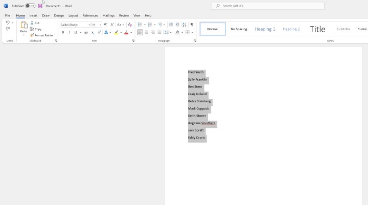 Selecting list items in Microsoft Word.