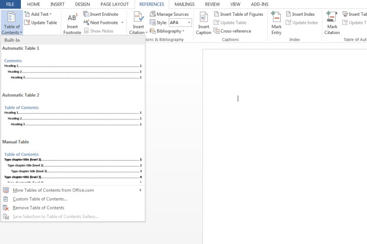 The Table of Contents button in Microsoft Word.