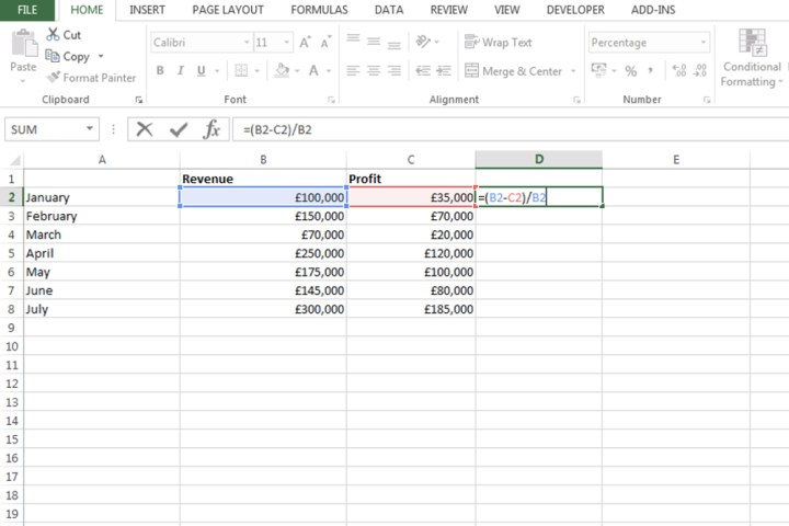 Entering a formula to calculate a percentage in Excel.