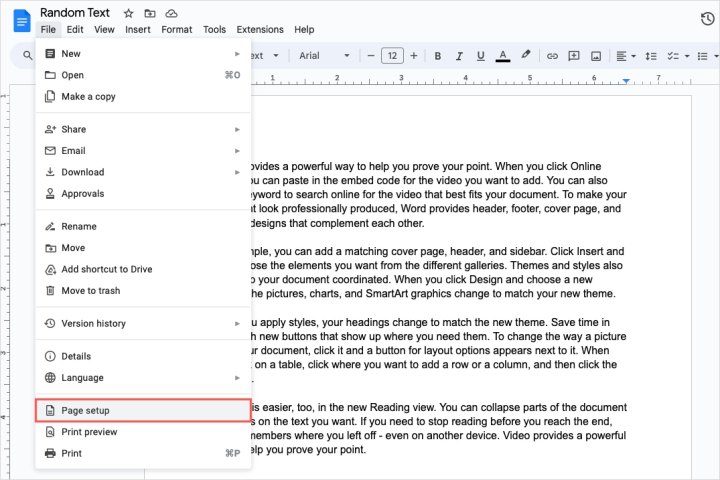 Page Setup in the Google Docs File menu.