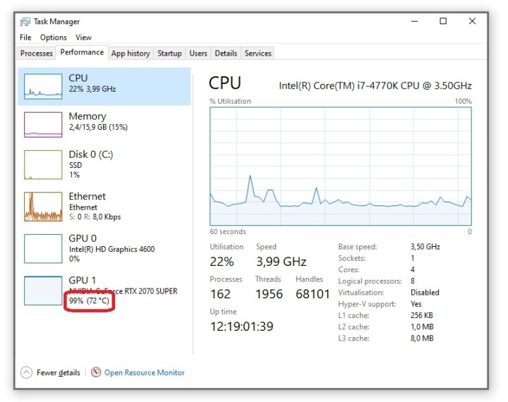 Windows Task Manager showing GPU temperature.