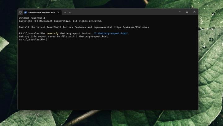 A screenshot of the command for generatng a battery report on Windows 11