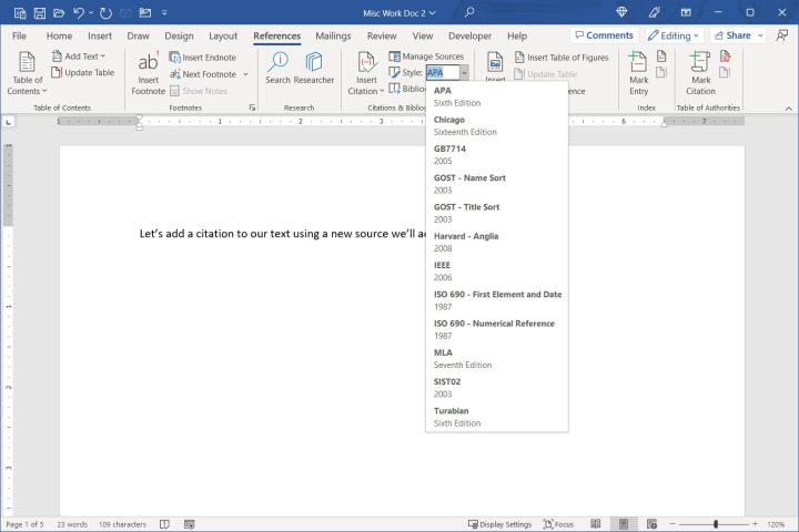 Screenshot of the Style drop-down list on the References tab in Word.