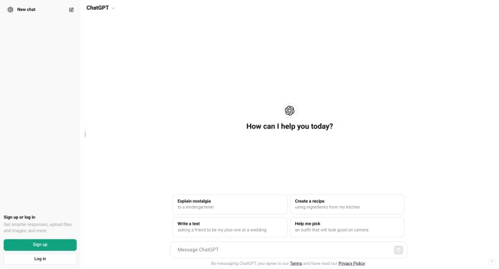 ChatGPT home screen without anyone logged in.