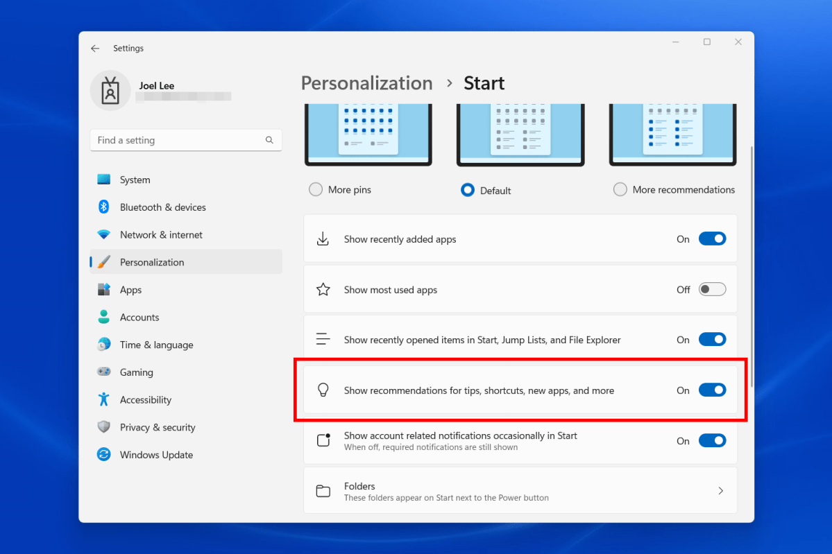 Windows 11 Settings page with option to disable Start menu ads screenshot