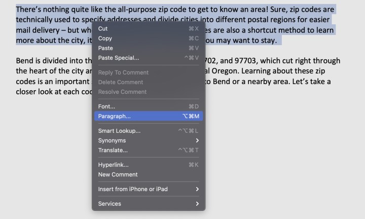 Right-click menu in Word for macOS showing the Paragraph option.