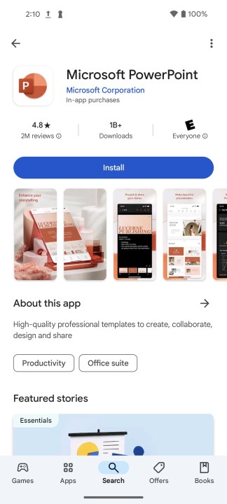 alt: Screenshot of the Microsoft PowerPoint app on the Google Play Store.