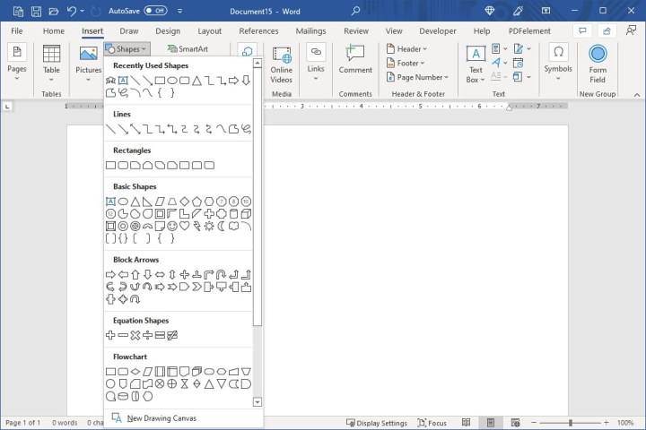 The Shapes drop-down menu in Microsoft Word, showcasing a variety of available shapes.