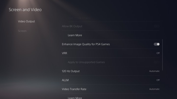 The screen settings on the PS5 Pro.